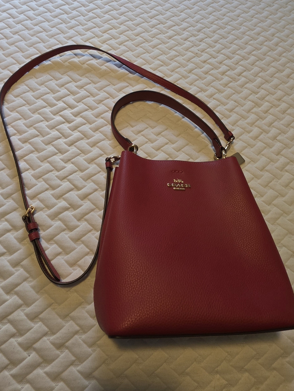 Coach Pebbled Leather Crossbody Bucket Bag in Wine Red